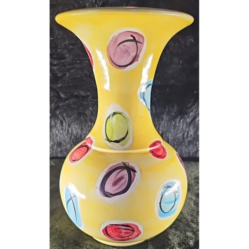 Yellow Vase with lots of color, Black/white inside Signed Thompson